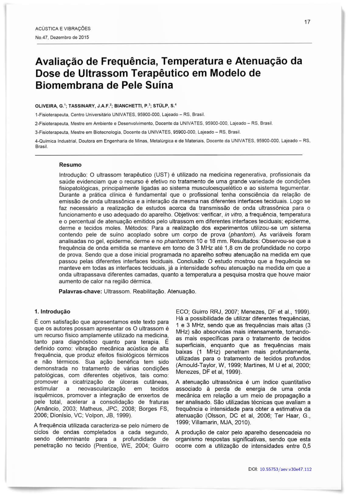 Capa - Avaliação de Frequência, Temperatura e Atenuação da Dose de Ultrassom Terapêutico em Modelo de Biomembrana de Pele Suína