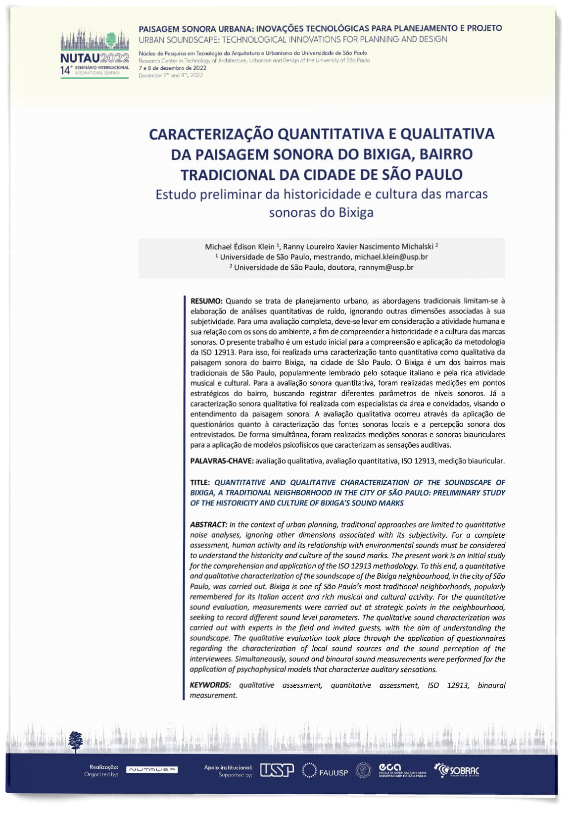 Caracterização quantitativa e qualitativa da paisagem sonora do Bixiga, bairro tradicional da cidade de São Paulo