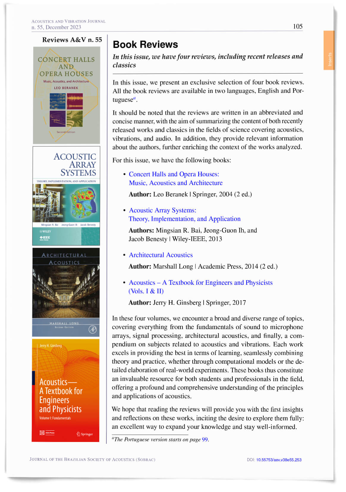 Book Reviews: Concert Halls and Opera Houses; Acoustic Array Systems: Theory, Implementation, and Application; Architectural Acoustics; and Acoustics - A Textbook for Engineers and Physicists (Vols. I & II)