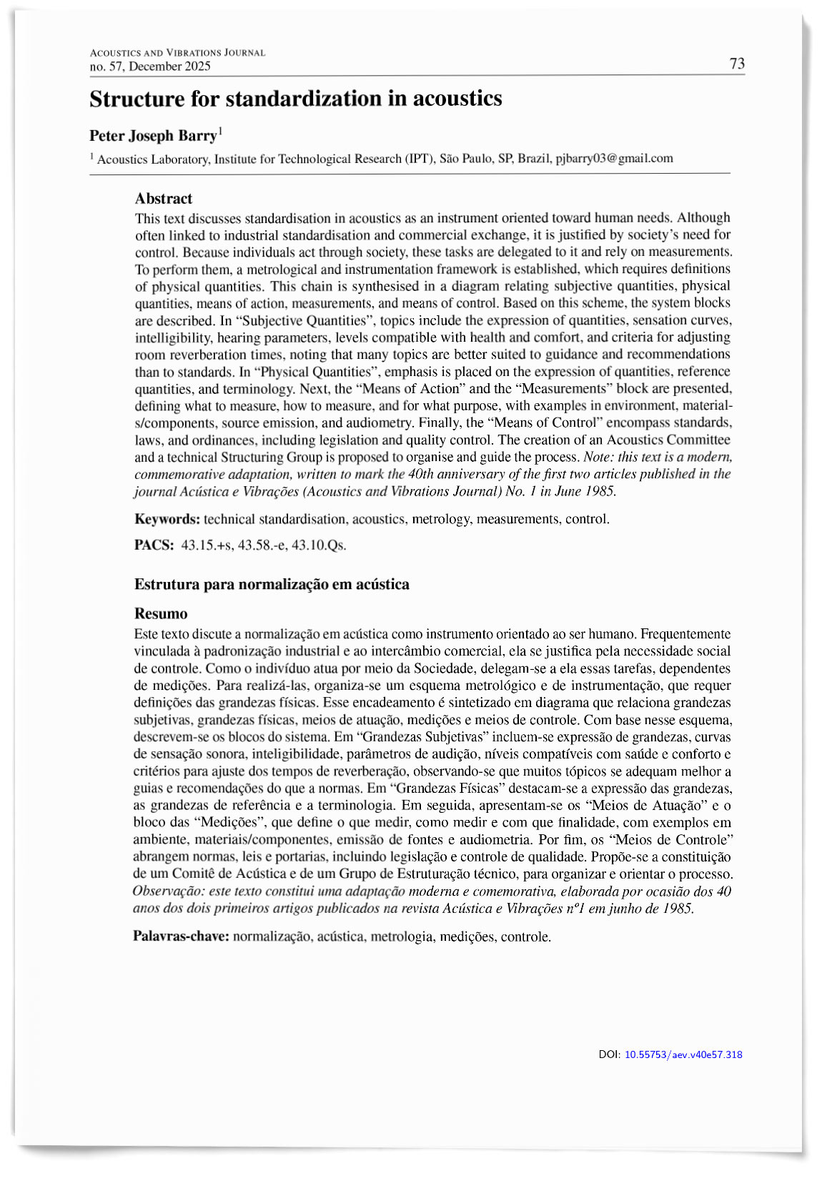 Structure for standardization in acoustics